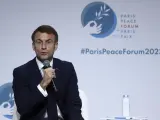 French President Emmanuel Macron delivers a speech at the Paris Peace Forum, in Paris, Friday, Nov. 10, 2023. The Peace Forum is an annual event involving governments, NGOs and others seeking dialogue around global problems such as climate change, children's exposure to online violence, and threats to human rights. (Stephanie Lecocq, Pool via AP)