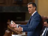 El recién reelegido presidente, Pedro Sánchez, durante la sesión de investidura en la que resumió su programa social.