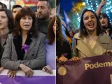 La ministra de Igualdad, Ana Redondo (izquierda), y su antecesora en el cargo, Irene Montero (derecha), en sendas marchas feministas por el 25N en Madrid.