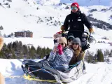 Grau Roig Andorra: March 2 2018: Young people riding Sledges pulled by dogs at Grandvalira Station, Grau Roig Andorra.