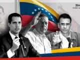 Los líderes opositores venezolanos Juan Guaidó, Manuel Rosales y Henrique Capriles, con Hugo Chávez y Nicolás Maduro al fondo.