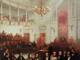 El lienzo representa el desarrollo de un acto parlamentario en el Salón de Sesiones del Congreso de los Diputados de España a mediados del siglo XIX.