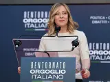 La primera ministra italiana, Giorgia Meloni, interviene en la fiesta anual de su partido, los ultraderechistas Hermanos de Italia (FdI).