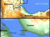 El estrecho de Bab al Mandeb, con Eritrea y Yibuti a la izquierda, y Yemen a la derecha.