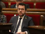 El presidente Pere Aragonès esta mañana en la sesión de control del Parlament.