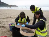 Operarios retiran los pellets o bolitas para fabricar plástico que aparecen en las playas de Asturias.