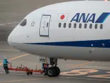 Un miembro del personal de tierra se ve en la pista junto a un avión de pasajeros de la aerolínea japonesa All Nippon Airways (ANA) en el Aeropuerto Internacional de Tokio.