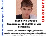 22/01/2024 Buscan a un niño de 14 años desaparecido en Vigo el pasado martes. Cuerpos de seguridad, familiares y amigos buscan a Iker Silva Crespo, un niño de 14 años de edad desaparecido en Vigo el pasado martes, día 16 de enero. SOCIEDAD SOS DESAPARECIDOS