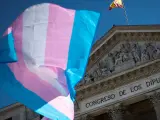 Bandera del colectivo trans frente al Congreso de los Diputados.