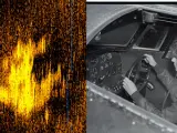 A la izquierda, los resultados del sonar que Tony Romeo cree que son los restos del avión. A la derecha, Earhart en la cabina de vuelo de un Lockheed 10-E Electra