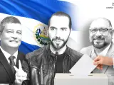 De izquierda a derecha, Manuel Flores (FMLN), Nayib Bukele y Joel Sánchez (Arena), candidatos a la presidencia de El Salvador.