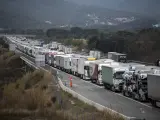 Camiones parados durante el corte de la A-9 francesa (continuación de la AP-7 española) por una protesta de agricultores.