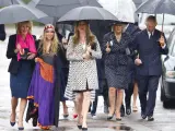BLANDFORD FORUM, UNITED KINGDOM - MAY 01: (EMBARGOED FOR PUBLICATION IN UK NEWSPAPERS UNTIL 48 HOURS AFTER CREATE DATE AND TIME) Annabel Elliot (left), Ayesha Shand (2nd left), Katie Elliot (3rd left), Camilla, Duchess of Cornwall (2nd right) and Prince Charles, Prince of Wales (right) attend the funeral of Mark Shand at Holy Trinity Church, Stourpaine on May 1, 2014 near Blandford Forum in Dorset, England. Conservationist and travel writer Mark Shand, brother of Camilla, Duchess of Cornwall, died unexpectedly last week after falling and hitting his head in New York. (Photo by Max Mumby/Indigo/Getty Images)