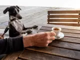Hombre disfruta de un café en una terraza con su perro.