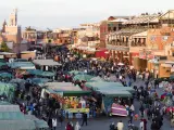 Djemaa El Fna square in Marrakesh at sunset, Morocco.