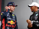 BARCELONA, SPAIN - JUNE 04: Race Winner Max Verstappen of the Netherlands and Oracle Red Bull Racing talks with Second placed Lewis Hamilton of Great Britain and Mercedes in parc ferme during the F1 Grand Prix of Spain at Circuit de Barcelona-Catalunya on June 04, 2023 in Barcelona, Spain. (Photo by Dan Istitene - Formula 1/Formula 1 via Getty Images)