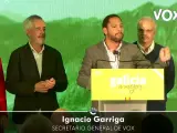 El secretario general de Vox, Ignacio Garriga, durante su comparecencia para valorar los resultados.