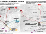 Mapa de los accesos y recorrido de la tractorada en los distintos puntos de Madrid.