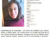 Aviso de la menor desaparecida en Hoyo de Pinares.