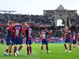 El Barça celebra la goleada al Getafe.