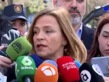 La delegada del Gobierno en la Comunidad Valenciana, Pilar Bernabé, atendiendo a los medios este sábado junto al lugar del incendio.