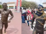 Estatua de Alves, antes y después de ser vandalizada.