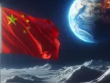 Representaci&oacute;n generada por IA de la bandera de China izada en la Luna con la Tierra de fondo.