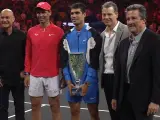 Agassi, Nadal y el ganador, Alcaraz, posan tras el gran duelo de Las Vegas.