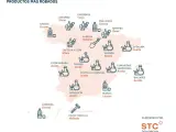 Mapa de los productos más robados en los supermercados españoles.