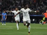 Vinícius celebra su gol en la Champions frente al Leipzig