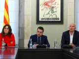 Pere Aragonès, Laura Vilagrà y David Mascort en la reunión de la Comisión Interdepartamental de Sequía este jueves.