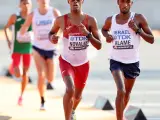 BUDAPEST, HUNGARY - AUGUST 27: Tariku Novales of Team Spain and Haimro Alame of Team Israel competes in the Men's Marathon during day nine of the World Athletics Championships Budapest 2023 at Heroes' Square on August 27, 2023 in Budapest, Hungary. (Photo by Stephen Pond/Getty Images for World Athletics)