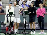 INDIAN WELLS, CALIFORNIA - MARCH 05: Paula Badosa of Spain, Stefanos Tsitsipas of Greece, Taylor Fritz of United States and Aryna Sabalenka of Belarus wait for their matches during the Eisenhower Cup at Indian Wells Tennis Garden on March 05, 2024 in Indian Wells, California. (Photo by Matthew Stockman/Getty Images)