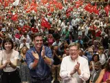 Morant, Sánchez, Puig y Montero, en un acto electoral del PSPV-PSOE.