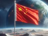 Representación generada por IA de la bandera de China izada en la Luna.