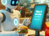 Representación ilustrativa de un robot comprando una hamburguesa en McDonald's.
