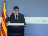 El expresidente de la Generalitat Carles Puigdemont durante la conferencia en el Ayuntamiento de Elna.