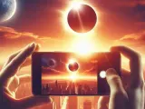 Representación ilustrativa de una persona haciendo una fotografía a un eclipse solar.