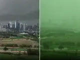 Un cielo verde y fuerte tormenta, como si se tratara de un momento apocalíptico, sorprendió desde el lunes a los habitantes de los Emiratos Árabes Unidos, específicamente, la ciudad de Dubái.