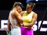 STUTTGART, GERMANY - APRIL 17: Paula Badosa of Spain and Aryna Sabalenka embrace after Badosa was forced to retire from their second-round match on day three of the Porsche Tennis Grand Prix Stuttgart 2024 at Porsche Arena on April 17, 2024 in Stuttgart, Germany (Photo by Robert Prange/Getty Images)