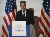 El Secretario de Estado de EEUU, Anthony Blinken, durante una rueda de prensa el &uacute;ltimo d&iacute;a de la reuni&oacute;n de ministros de Asuntos Exteriores del G7.