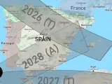 Mapa de España en el que aparece sombreada la zona en la que se podrán ver los tres eclipses.