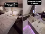 Capturas de un vídeo que muestra el interior de una suite de primera clase de Singapore Airlines.