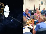 A la izquierda, Voyager 1. A la derecha, los miembros del equipo de vuelo celebran que la sonda vuelva a enviar datos.