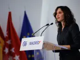 La presidenta de la Comunidad de Madrid, Isabel Díaz Ayuso, interviene durante la clausura de la I Intermunicipal del PP de Madrid, en Las Rozas.