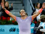 Rafael Nadal of Spain celebrates after winning against Alex de Minaur of Australia during the Mutua Madrid Open 2024, ATP Masters 1000 and WTA 1000, tournament celebrated at Caja Magica on April 27, 2024 in Madrid, Spain. Irina R. Hipolito / AFP7 / Europa Press 27/4/2024 ONLY FOR USE IN SPAIN