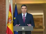 El presidente del Gobierno, Pedro Sánchez, durante su comparecencia institucional en La Moncloa, en la que ha comunicado este lunes que ha decidido seguir al frente del Ejecutivo.