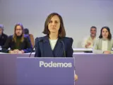 La secretaria general de Podemos, Ione Belarra, este lunes en la sede de su partido.