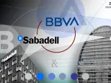 Recreación gráfica sobre la posible fusión entre BBVA y Banco Sabadell.