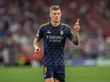 MUNICH, GERMANY - APRIL 30: Toni Kroos of Real Madrid gestures during the UEFA Champions League semi-final first leg match between FC Bayern München and Real Madrid at Allianz Arena on April 30, 2024 in Munich, Germany. (Photo by Boris Streubel/Getty Images)